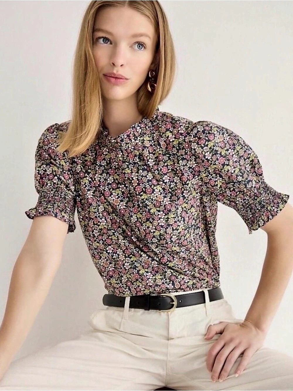 J.Crew Smocked puff-sleeve cotton poplin top in meadow floral